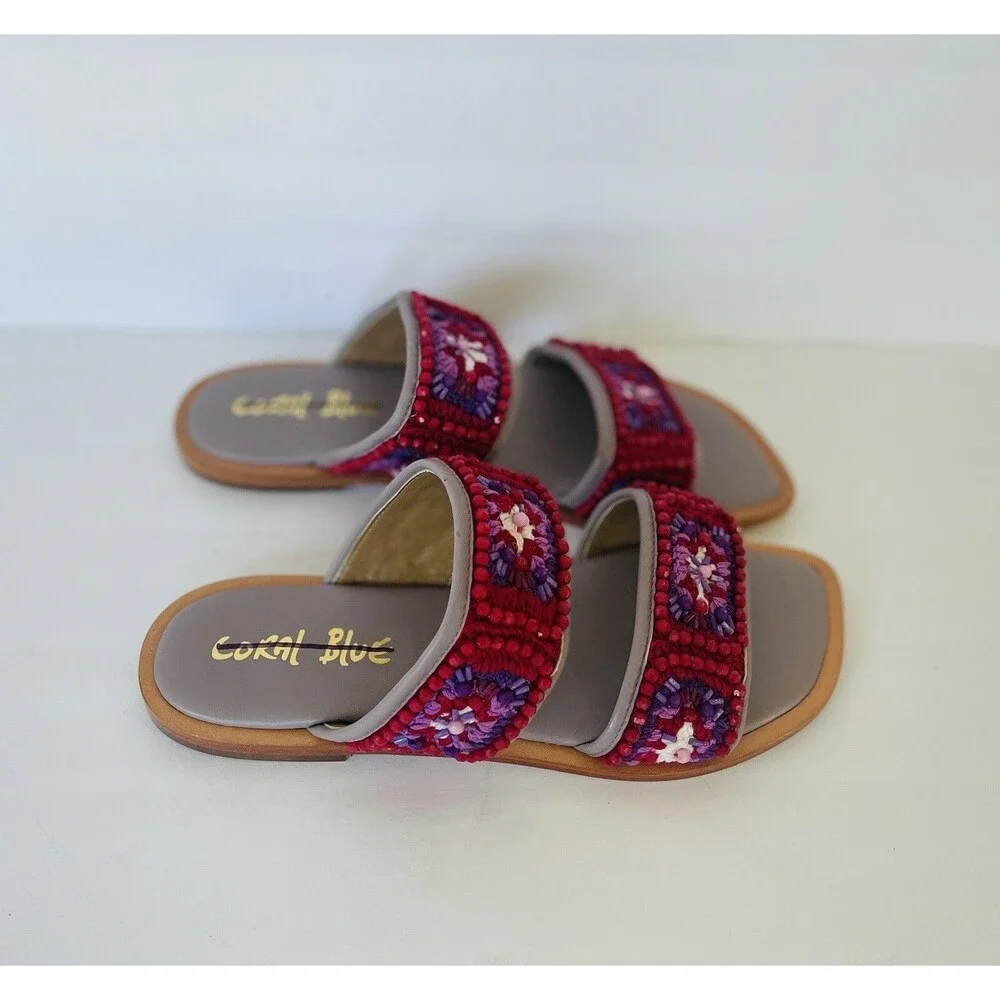 Anthropologie Coral Blue Purple Red Granny Square Flats Embroidery Bead Sandal 9